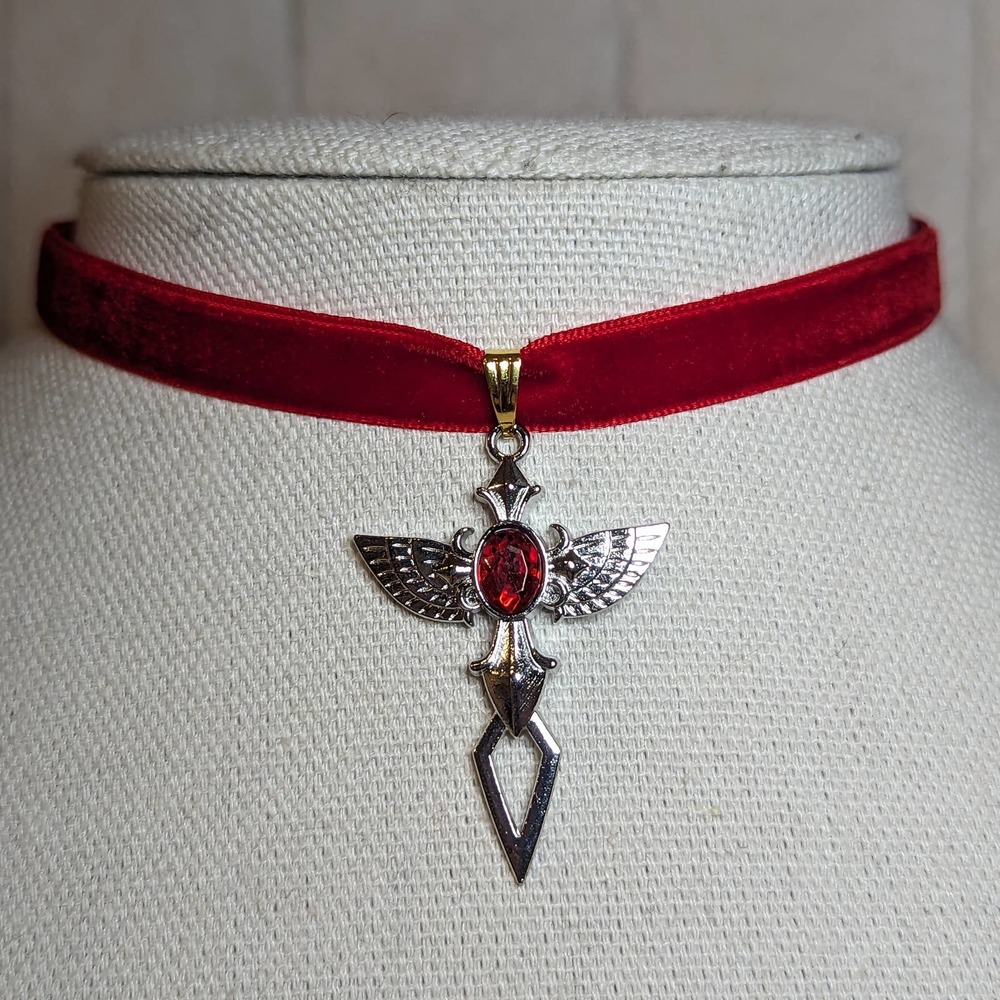 Gold & Silver Wing Cross With Red Gemstone Velvet Choker Necklace